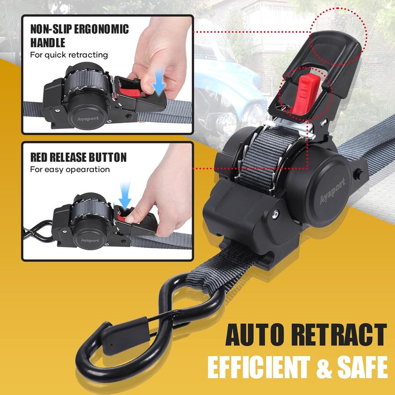 Ayaport Retractable Ratchet Straps 1in X 12ft(2PK)-1500lb Break Strength, Heavy Duty Ratchet Straps Self Retractable Tie Downs with Soft Loops for Motorcycle, Dirt Bike, Cargo, Truck Accessories - Image 2